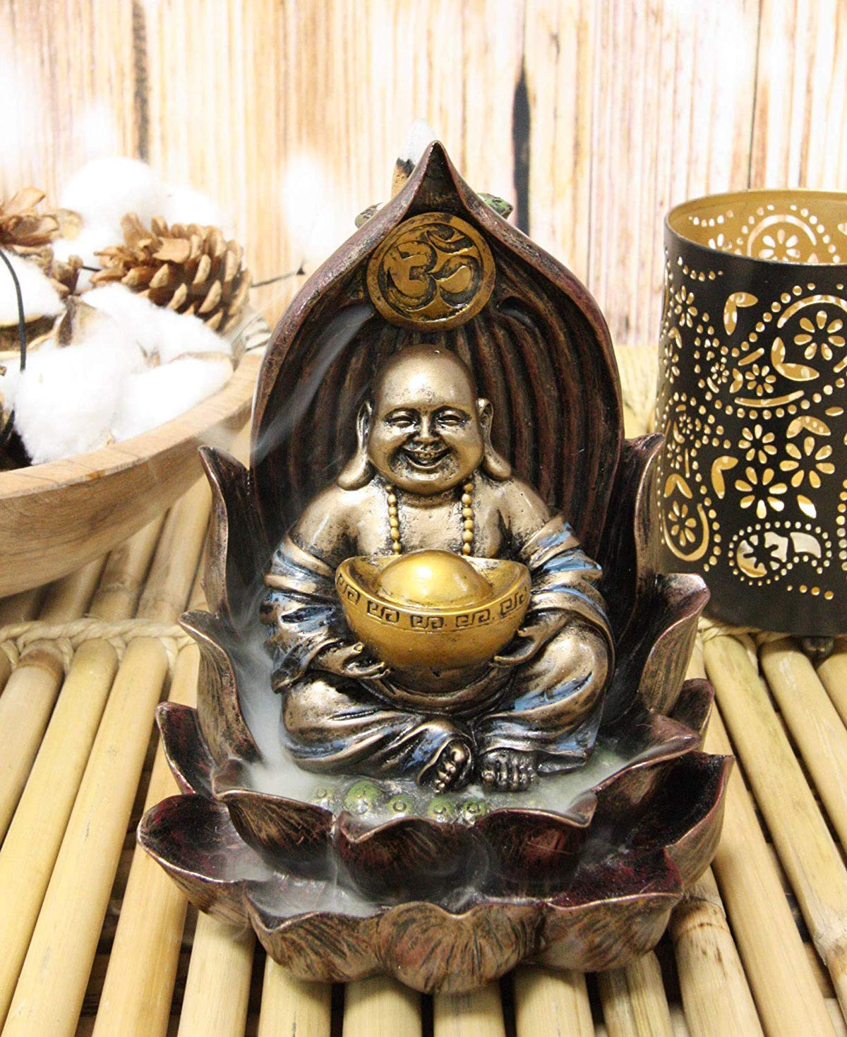 Ebros Matreiya Happy Laughing Buddha Hotei Carrying Gold Ingot Seated On Ohm Lotus Padma Throne Backflow Cone Incense Burner Statue 6"Tall