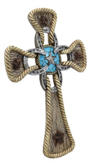 Ebros Gift Rustic Western Stars Turquoise Gem Horseshoe Wall Cross Decor Plaque In Rope Embroidery Outline Finish Hanging Sculpture 12" High Decorative Crosses - Ebros Gift
