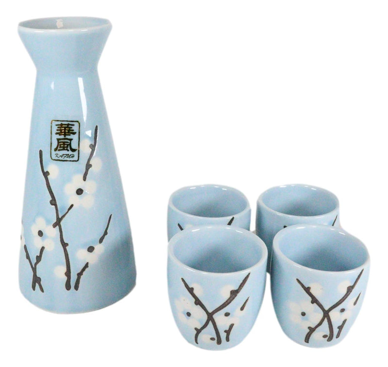 White Sakura Cherry Blossom Sky Blue Ceramic Sake Set Carafe Flask With 4 Cups