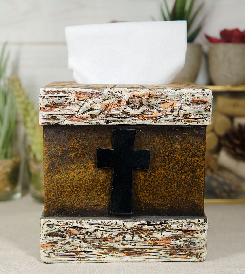 Rustic Western Fleur De Lis Cross With Birchwood Accent Tissue Box Holder Case