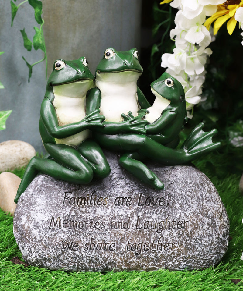 Whimsical Green Frog Family On Rock With Inspirational Message Resin Figurine