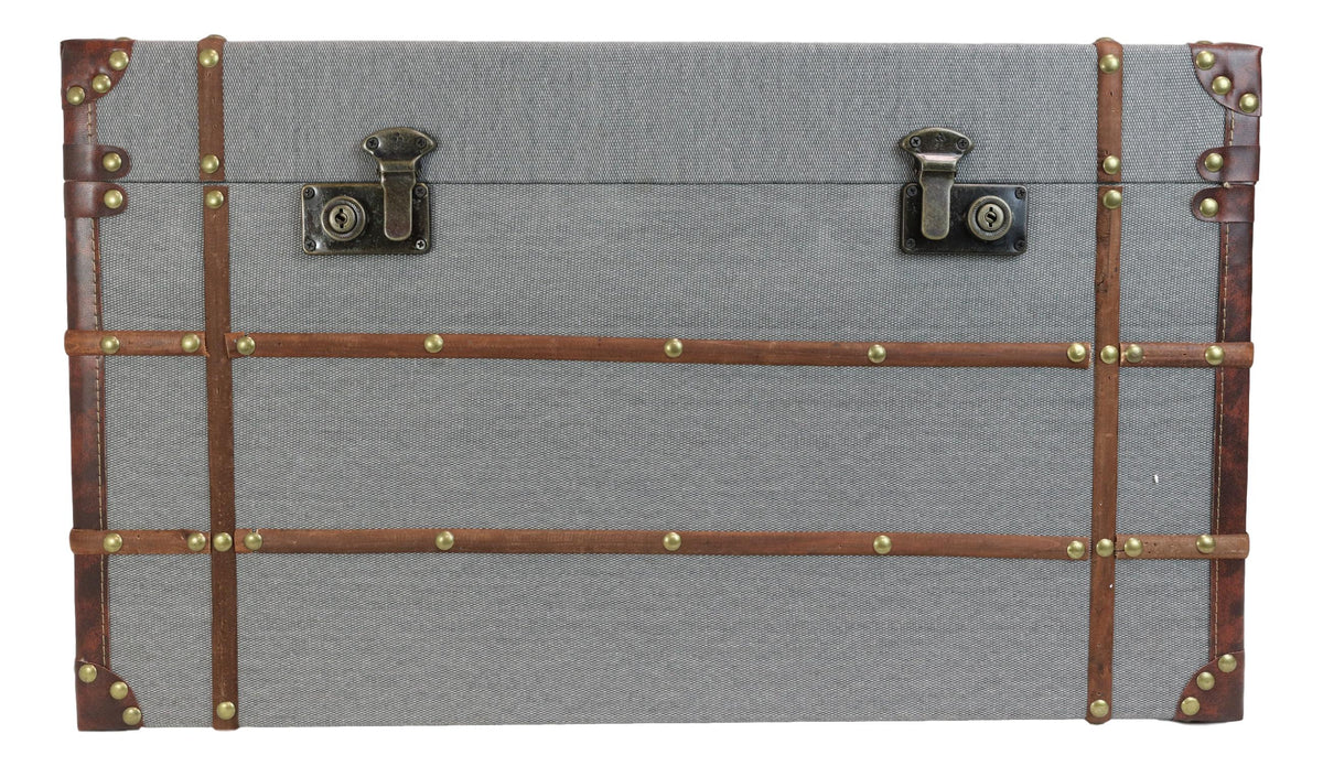 Set Of 3 Stackable Large Wood Vintage Grey Fabric With Leather Trunk Case Boxes