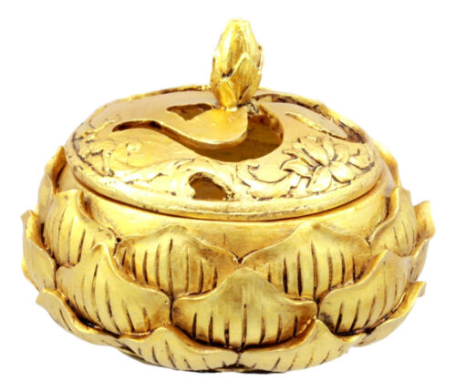 Auspicious Golden Buddha Ohm Carved Padma Lotus Round Jewelry Box Figurine