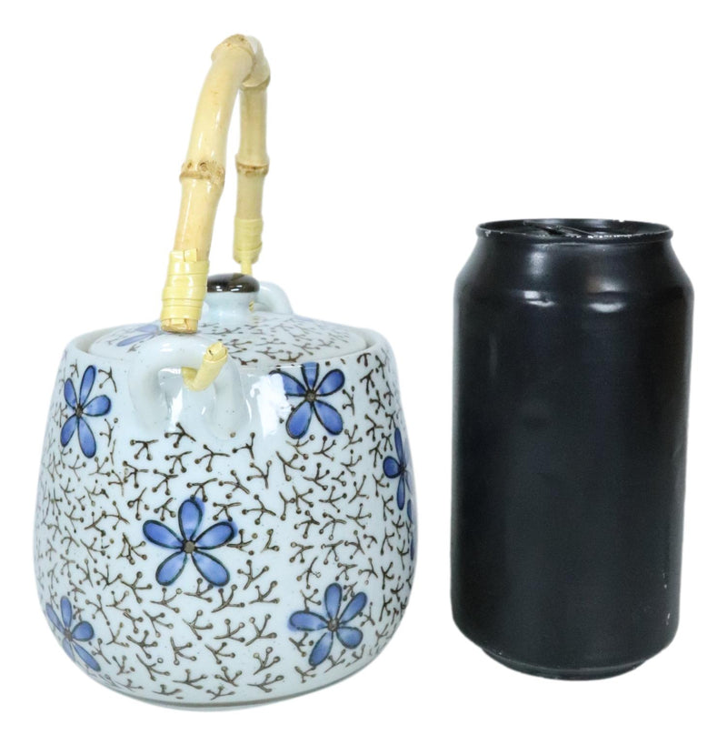 Japanese Blue Cherry Blossom 20oz Ceramic Tea Pot and Cups Set Serves 4 People