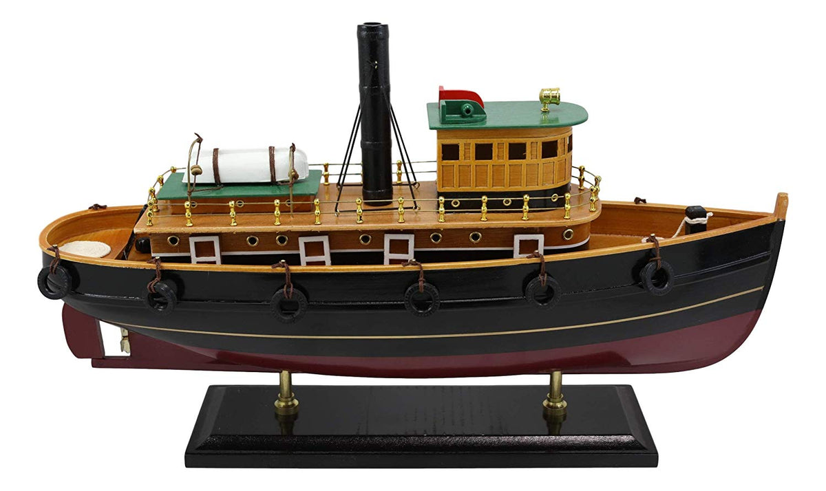 Ebros 18" Long Handicraft Tugboat Boat Model Statue with Wood Base Stand Figure - Ebros Gift