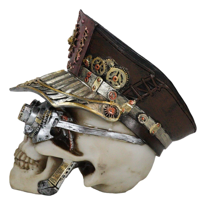 Steampunk Cyborg Police Inspector Officer Skull With Hat Geared Goggles Figurine