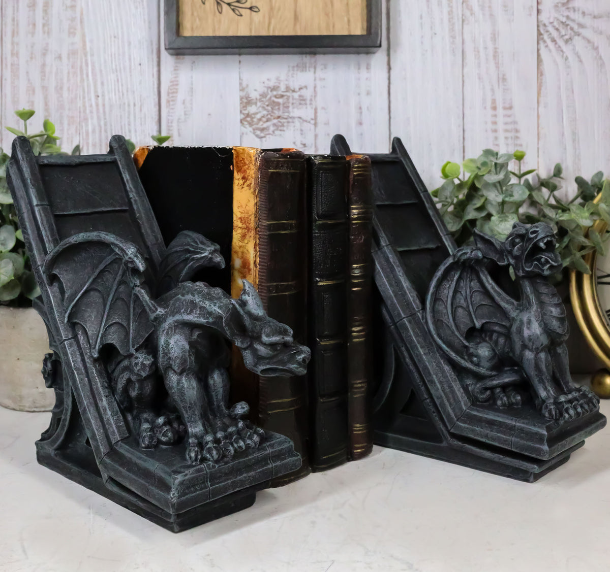 Ebros Gothic Roaring Gargoyles On Rooftop Sculptural Bookends Set 7" High Decor - Ebros Gift