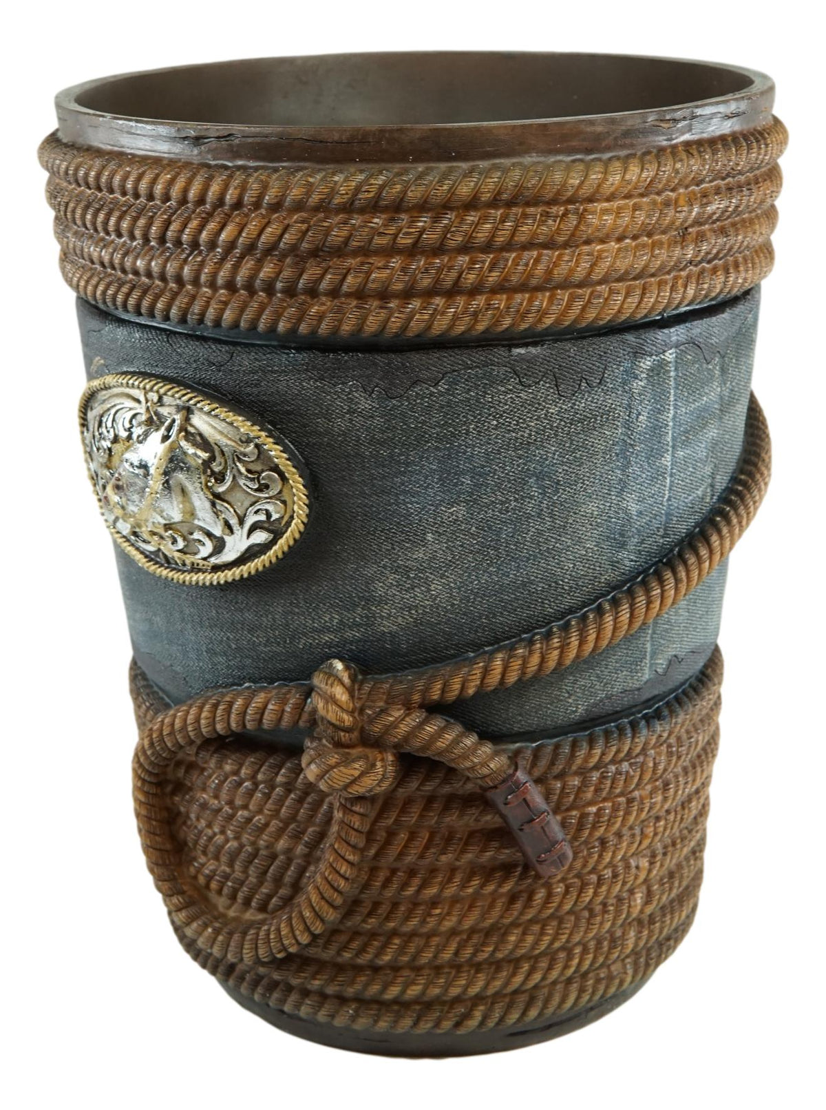 Rustic Western Cowboy Ropes Horse Concho W/ Denim Finish Waste Basket Trash Bin