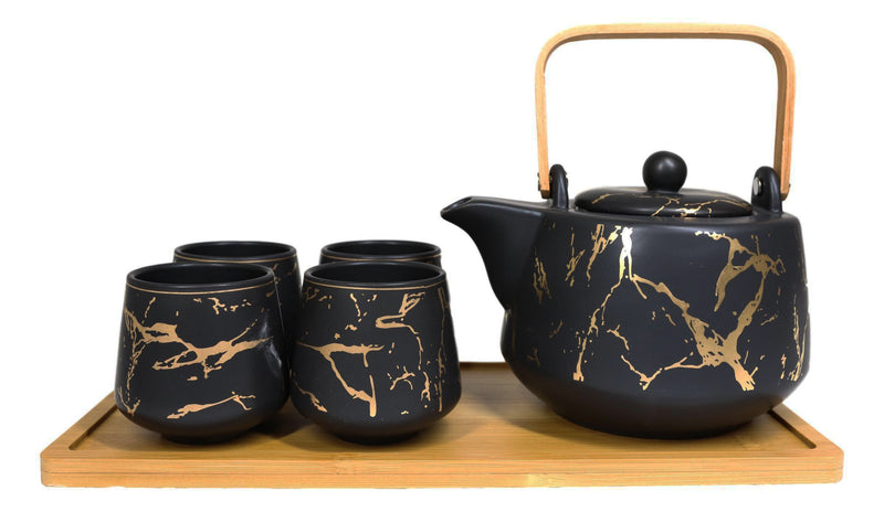 Black Faux Marble With Gold Veins Ceramic Tea Pot And Cups With Tray Set For 4