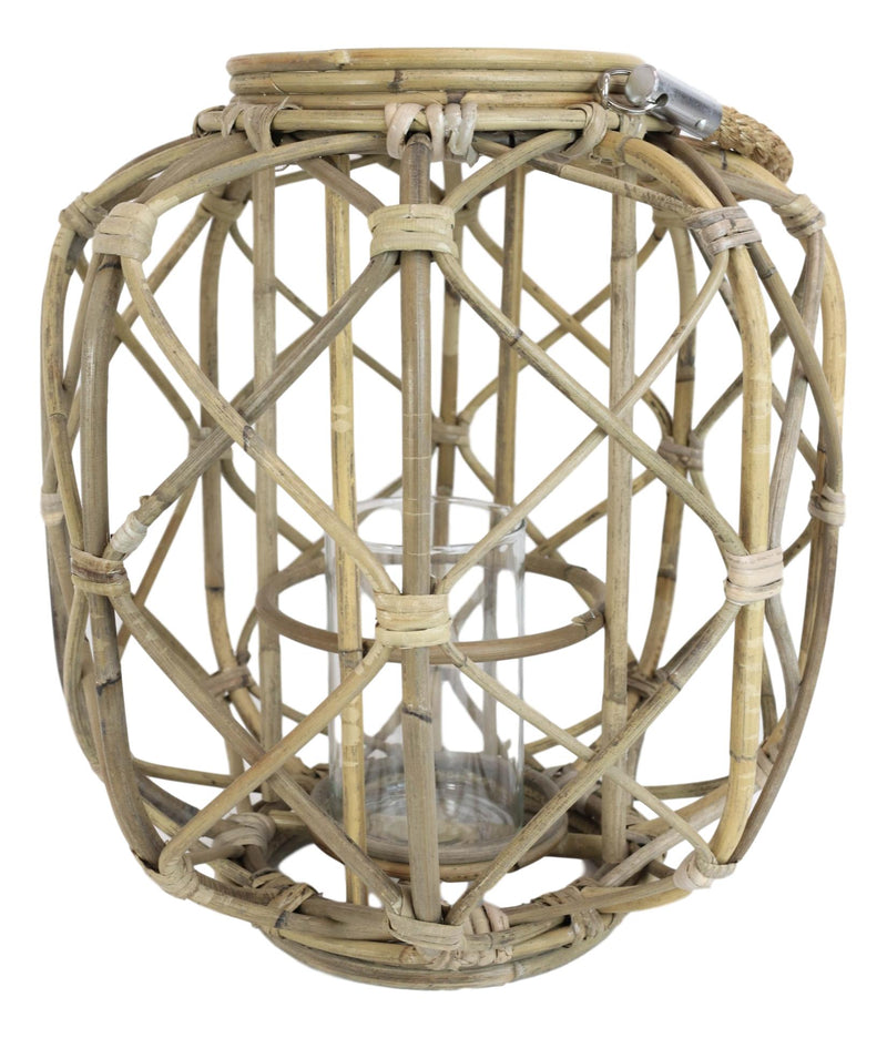 15"H Rustic Farmhouse Brown Woven Rattan Candle Lantern with Jute Rope Handle