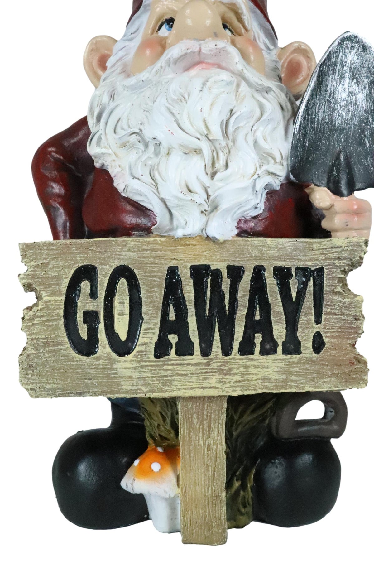 Grumpy Mr Gnome Grandpa With Shovel Standing By 'Go Away!' Yard Sign Figurine
