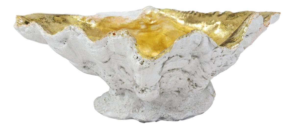 Ebros 10" L Golden Nautical Giant Clam Shell Jewelry Dish Bowl Holder Statue