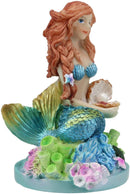 Ebros 4.5" Tall Colorful Nautical Ocean Mermaid Mergirl with Pearl Shell and Blue Tail Sitting On Corals Statue Under The Sea Fantasy Mermaids Mergirls Sirens of The Seas Figurines - Ebros Gift