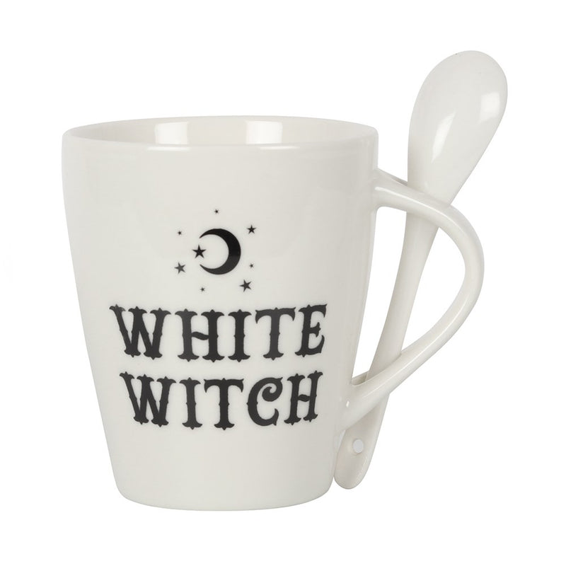 Witchcraft Wicca White Witch Crescent Moon And Stars Coffee Mug And Spoon Set