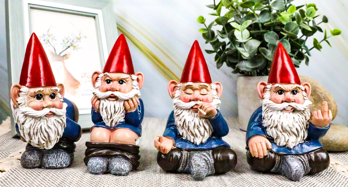 Ebros 4" Tall Badass Naughty Gnome Figurines Collectible Set of 4 Dwarf Decors