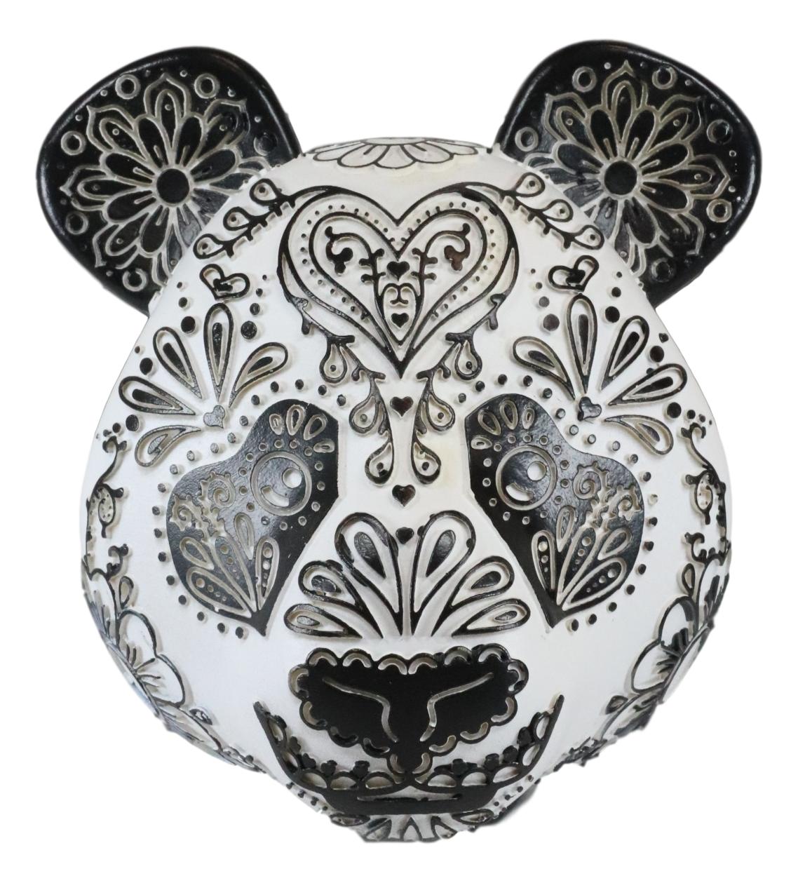 Ebros Black White Tattoo Tooled Floral Heart Panda Bear Head Day Of The Dead Figurine - Ebros Gift