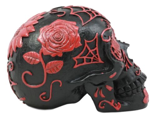 Ebros Day of The Dead Spider Web Floral Red Rose Sugar Skull Figurine