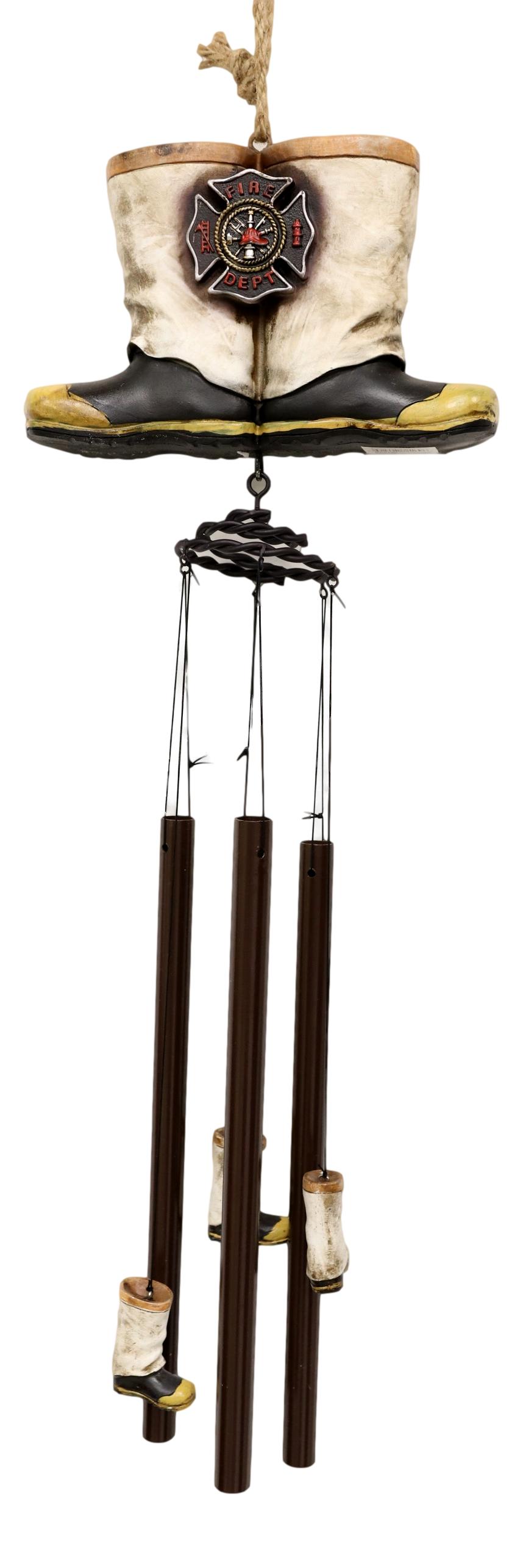 Rustic Fire Department Fireman Boots Large Resonant Patio Spiral Wind Chime - Ebros Gift