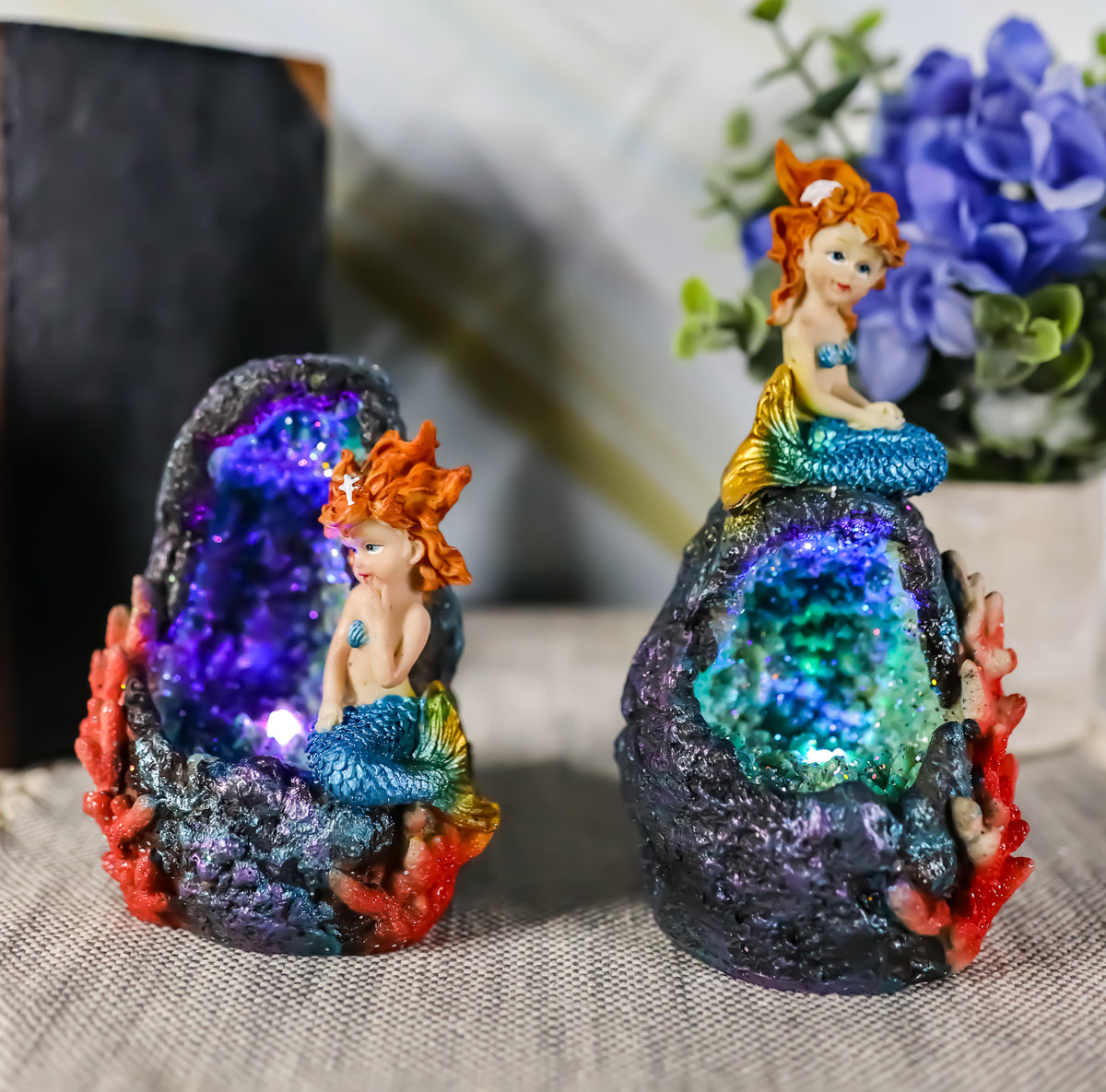 Ebros Nautical Blue Tail Mermaids With LED Light Geode Crystal Cave Figurines Set Of 2