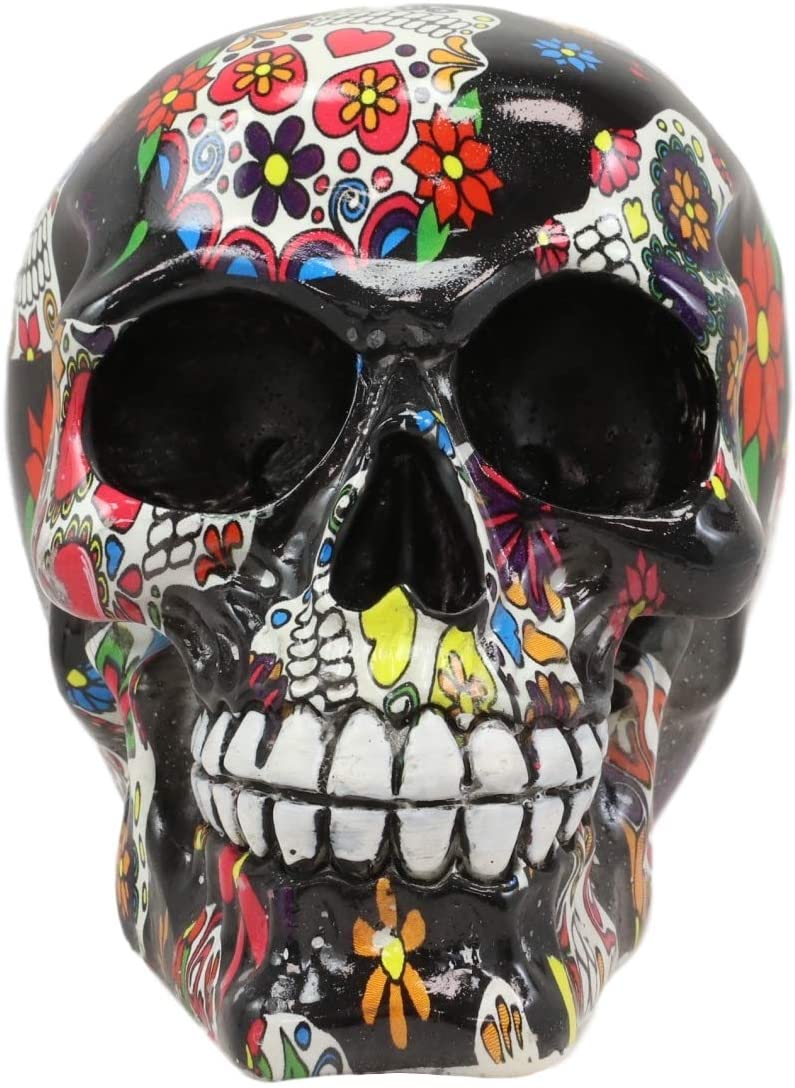 Ebros Day Of The Dead Black Sugar Skull With Floral Tattoo Cranium Skull Statue