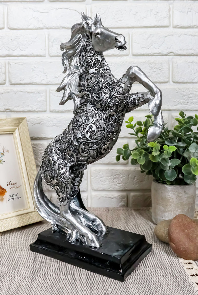 Ebros Silver Vine Engraved Bucking Stallion Horse On Hind Legs Figurine 12"H