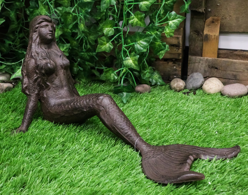 Ebros Gift 16.25" Long Nautical Siren Mermaid Leaning Back Cast Iron Rustic Vintage Finish Shelf Sitter Statue Ocean Goddess Princess Coastal Beach Under The Sea Mermaids Decorative Accent