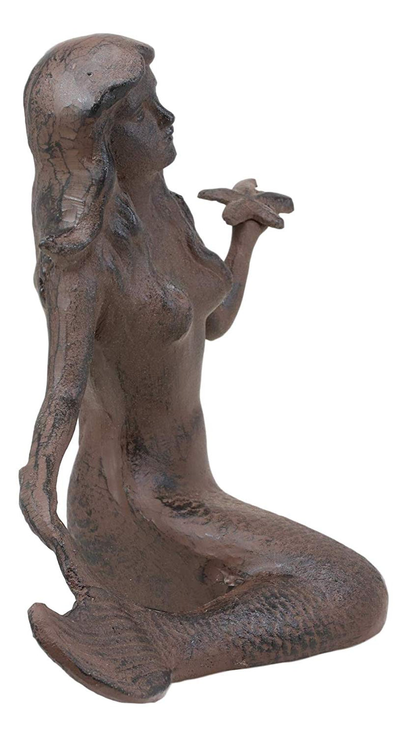 Ebros Gift 11.5" Tall Cast Iron Large Nautical Siren Mermaid Holding Starfish Vintage Statue Ocean Goddess Princess Coastal Beach Under The Sea Mermaids Decorative Accent (Rust Bronze)