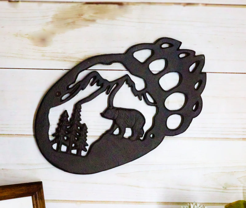 Western Black Bear Paw With Pine Tree Forest And Mountain Cast Iron Wall Decor