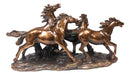 Large 17"L Rustic Western Wild And Free 4 Running Horses Bronzed Resin Statue