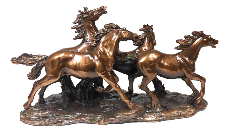 Large 17"L Rustic Western Wild And Free 4 Running Horses Bronzed Resin Statue