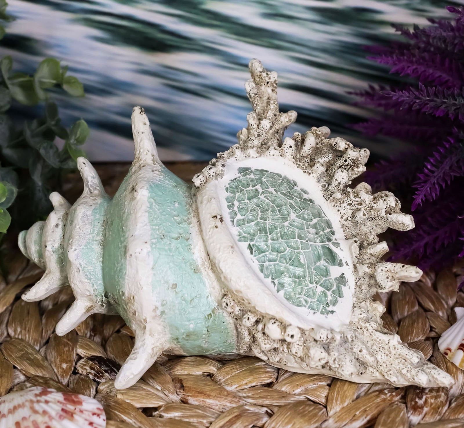 Large Ocean Sea Shell Conch Statue With Mosaic Crushed Glass 6.5