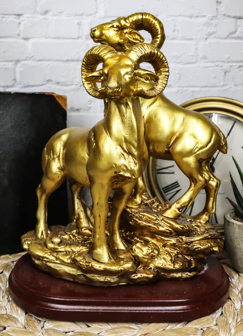Rustic Country Bighorn Sheep Ram Family Climbing Rock Faux Gold Patina Figurine