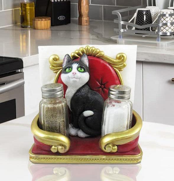 Royal Service Black and White Tuxedo Cat Napkin And Salt Pepper Shakers Holder - Ebros Gift