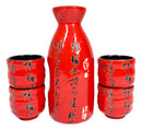 Japanese 12oz Ceramic Red Calligraphy of Fortune Sake Set Flask With Four Cups