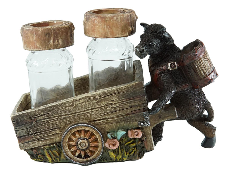 Spice Delivery Black Cattle Cow Pushing Wagon Cart Salt And Pepper Shakers Set