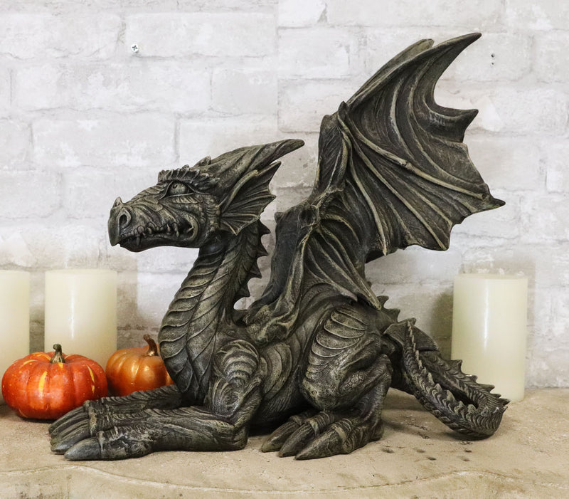 Ebros Large Stone Finish Crouching Skinny Winged Dragon Gargoyle Sentry Statue Decor