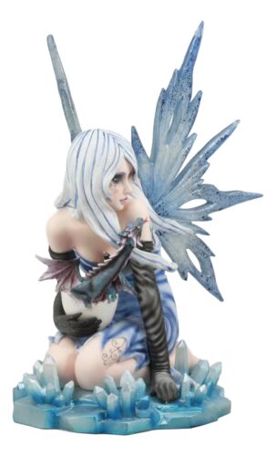 Elemental Ice Goddess Blue Fairy With Baby Dragon Hatchling Statue 12.25"Tall