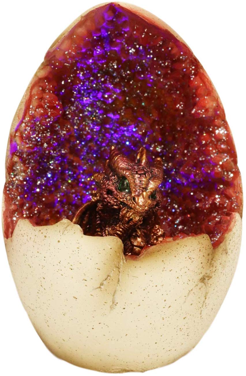 Ebros 5" Tall Red Hatchling Wyrmling Dragon in Crystal Quartz Geode Egg Figurine with Colorful LED Night Light - Ebros Gift