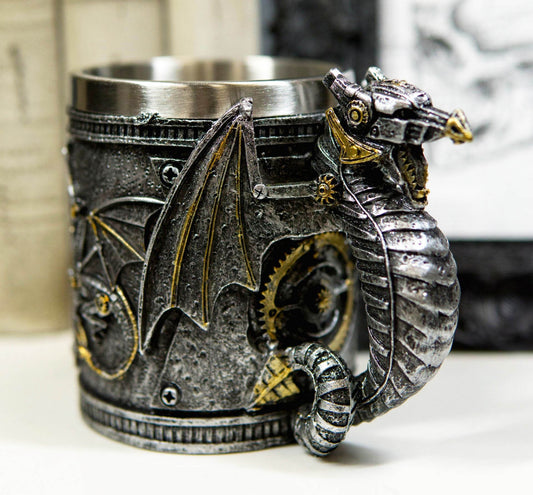 Silver Surfer Steampunk Cyborg Robotic Dragon Beer Stein Tankard Coffee Cup Mug - Ebros Gift