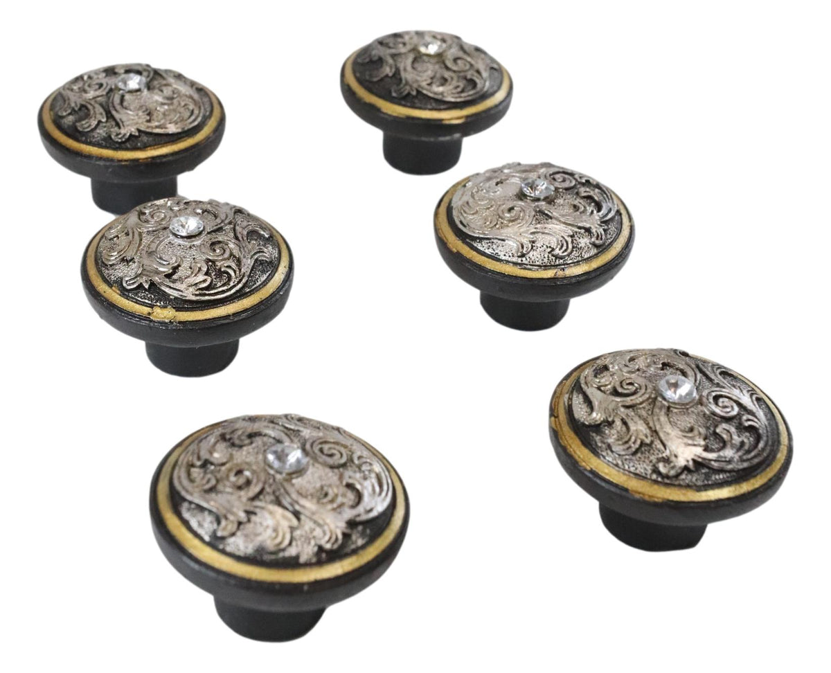Set Of 6 Western Rustic Silver Floral Scroll With Gold Trim Cabinet Door Knobs - Ebros Gift