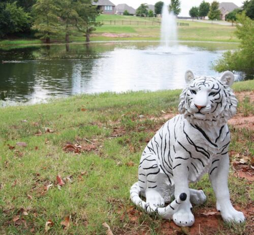 Ebros Large 20"H Realistic White Siberian Tiger Sitting On Guard Resin Statue - Ebros Gift