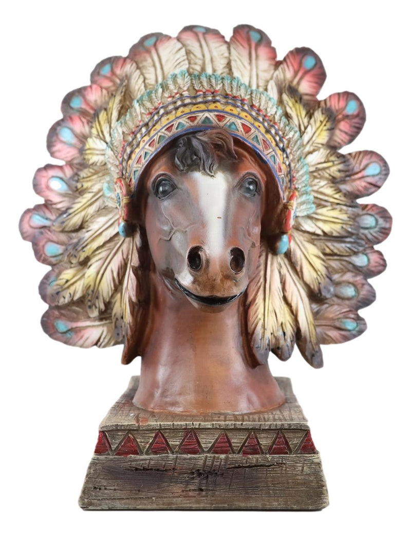 Rustic Western Tribal Indian Warrior Chief Headdress Horse Figurine With Base