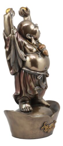 Chinese Zen Monk Happy Buddha Standing On Golden Nugget Statue Happiness Fortune
