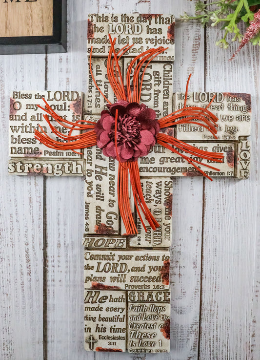 Inspirational Bible Verses Faith Grace Hope Red Flower With Strings Wall Cross