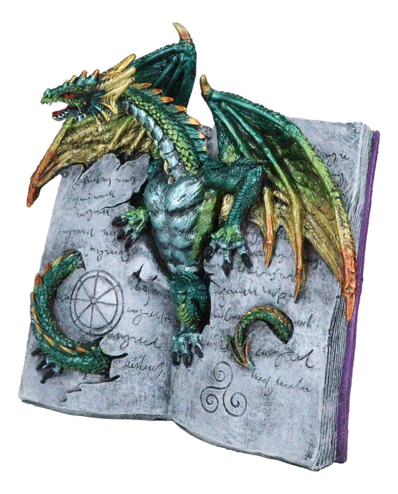 Guardian Of Bibliography Gold Green Dragon Emerging Out Of Spell Book Figurine