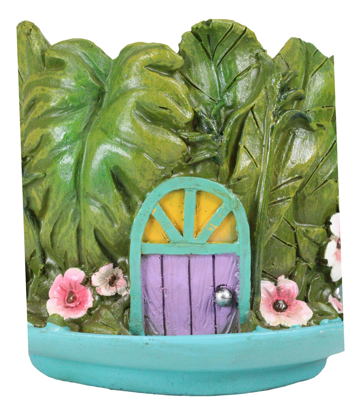 Fairy Garden Leaf Foliage Teacup House With Purple Door Floral Planter Vase - Ebros Gift