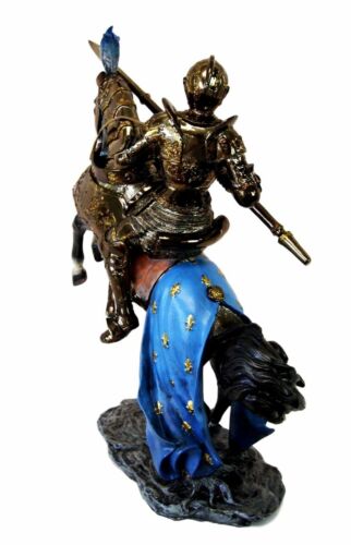 Large Medieval Jostling Lance Knight On Decorated Cavalier Horse Figurine Statue