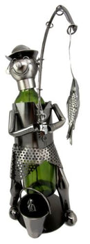 Ebros Camper Fishing Fisherman Catching Fish Hand Made Metal Wine Bottle Holder