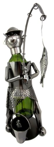 Ebros Camper Fishing Fisherman Catching Fish Hand Made Metal Wine Bottle Holder