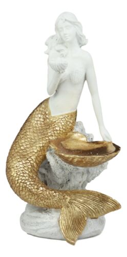 Ebros Art Nouveau Golden Mermaid Holding Sea Shell Candle Or Jewelry Holder Decor Figurine 10.25" Tall